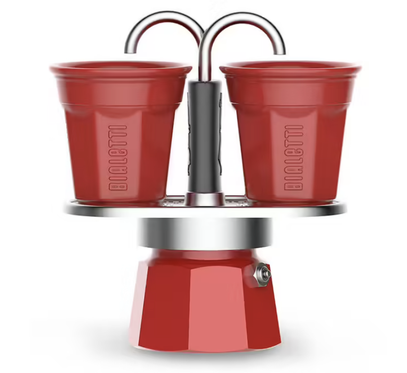 Bialetti moka pot Mini Express 2 cups with 2 Red Bicchierini Cups